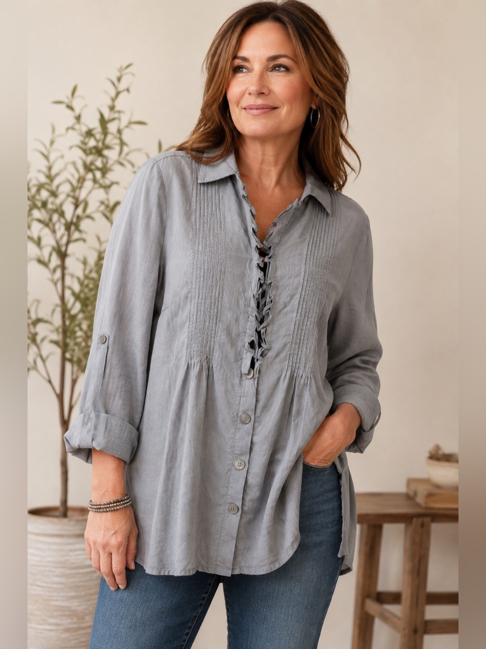 Soft Surroundings Lightweight blue grey ruffled Button-Front Shirt 3/4 sleeves